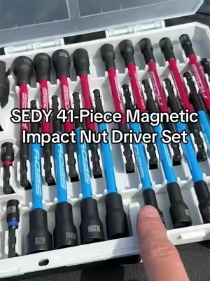 SEDY 41-Piece Magnetic Impact Nut Driver Set with metric and SAE nut drivers, a mini ratchet, universal socket, long-reach drivers, socket adapters, and more. A compact tool kit that’s perfect for your toolbox or work truck. #SEDY #NutDriverSet #ImpactDriver #ToolTok #EDCTools
