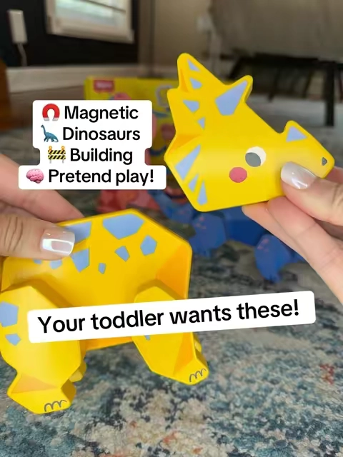 If your kid loves dinosaurs and magnets RUN and add these to your cart before they sell out!! Wooden magnetic pieces to build 4 different Dinos that can be used for imaginative play and pretend 🤩 #magnetictoys #openendedplay #dinosaurtoys #toddlertoys #preschoolactivities 
