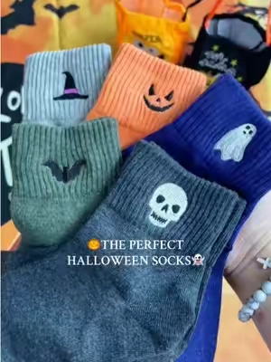 the perfect halloween socks!🎃👻cute and cozy for spooky season - set of 5 with double sided embroidery featuring ghosts, skulls, pumpkins, bats, and witch hats #halloween #halloweenstyle #cozygirl #cozystyle #tiktokshopsummersale 