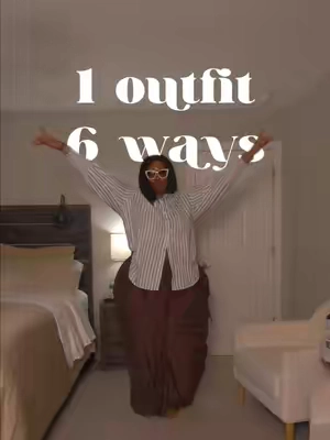 One outfit, six different ways to wear it 🤎 This is exactly why versatile wardrobe staples are worth buying. The striped button-down and statement pants can be layered, tucked, tied, belted, or worn open to create a completely different look without purchasing another outfit. Fit details: ✨ I’m 5’9”, 325 lbs, and typically wear a 3X/20/22 ✨ Pants: 4X/20 ✨ Striped top: 5X/22, but I recommend sizing down for a better fit ✨ Corset belt: comfortably fits my 45-inch waist Which styling would you wear: 1, 2, 3, 4, 5, or 6? Everything available is tagged in the 🛒 #tiktokshopsummersale #easyoutfits #baggypants #plussizefashion #streetwear 