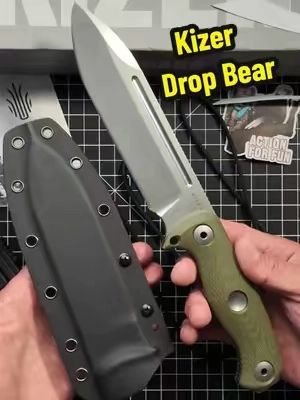 The Kizer Drop Bear Fixed 7 is a compact fixed blade that's built to work. It features a 6.51" AEB-L blade, a .19" thick full tang design, and durable green Micarta scales for a confident grip. #KizerKnives #FixedBlade #AEBL #EDCGear #KnifeCommunity 