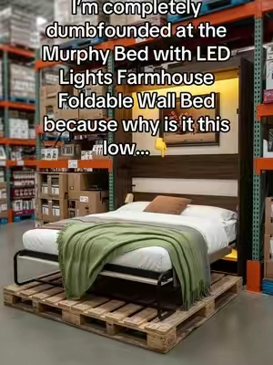 Space-saving Murphy bed goals unlocked ✨ Queen/Full Size Foldable Wall Bed with 2 LED lights, gas struts, and storage cabinet. Farmhouse wood design — no box spring needed! Perfect for bedroom or office 😍 #MurphyBed #FoldableBed #WallBed #SpaceSavingBed #FarmhouseBed 