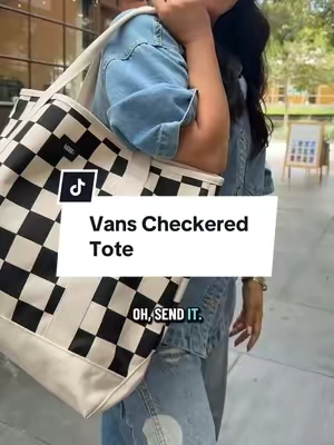Work, errands, beach days, travel- all of it. This oversized checker tote keeps up with it all, and the coated interior makes cleanup quick and easy #vans #vanstotebag #carryallbag #oversizedtote #everydayessentials 