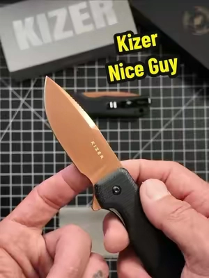 The Kizer Nice Guy is proof that a compact knife can still get the job done. With a 2.84" D2 blade, eye-catching Sunset Metal PVD finish, and a black Micarta handle.  #Kizer #EDCKnife #PocketKnife #EverydayCarry #KnifeCommunity 