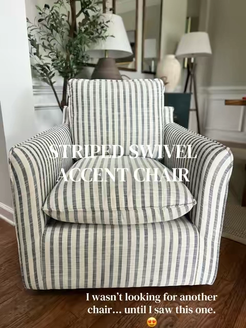 I’m always drawn to pieces that are both beautiful and practical, and this chair checks both boxes. It’s comfortable enough to curl up with a book or coffee, and the striped fabric adds just the right amount of character without feeling too busy. #chair #chairs #accentchair #furniture #swivelchair 