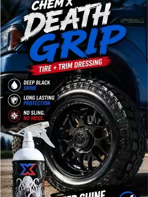 The shine lasts. No tire sling. #tires #CarDetailing #TruckTok #carwashing @Chem-X 