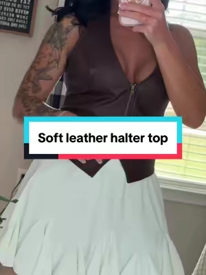 Soft, feminine with a little western edge… and I’m obsessed. 🤎 This waist-cinching vest and flowy skater skirt are two pieces you’ll wear so many different ways. #leathershirt #westernstyle #tiktokshopsummersale #leatherhaltertop 