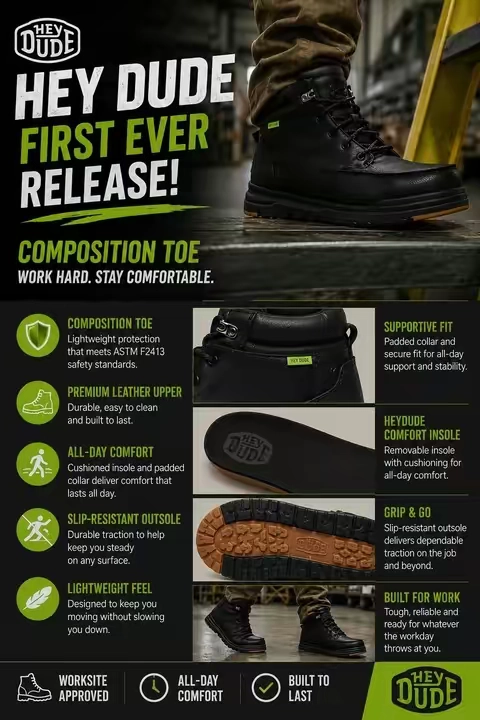 Not every work boot has to feel like a 10-pound brick. 🥾🔥 The HEYDUDE Bradley Work CT Leather proves you can have protection and comfort in the same boot. With a lightweight composite safety toe, premium leather upper, slip-resistant outsole, and cushioned insole, these are built to handle long shifts without wearing your feet out. Whether you’re in construction, the shop, the warehouse, or tackling projects at home, these boots are made to keep you comfortable all day. #heydudeshoes #heydudes #steeltoe #workboots #tiktokshopsummersale 