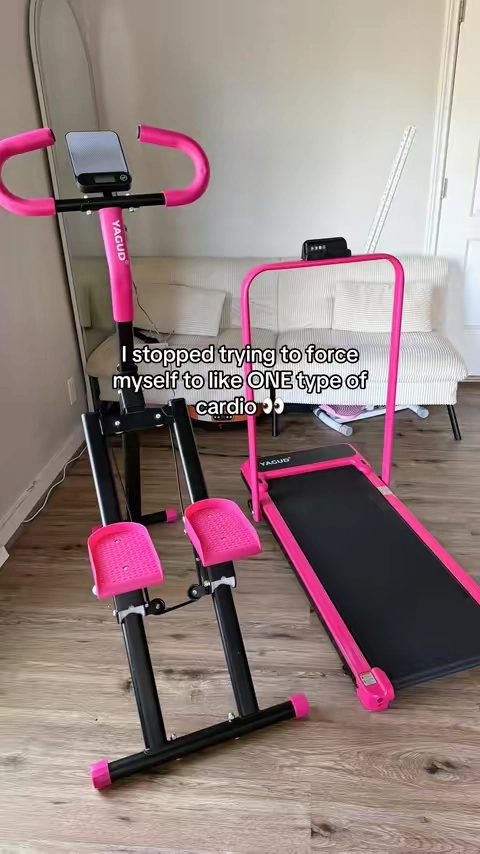 Not every workout fits every mood & I finally stopped pretending it does 😂 Some days I just want an easy walk while I watch a show & other days I actually want to challenge myself. That’s why I love having both of these! The walking pad is perfect for getting steps in with its 8% incline & the stair stepper is my go to when I want a quicker, more intense cardio session!! Plus they’re both pink which automatically motivates me more 😮‍💨💗 #HomeGym #InclineWalkingPad #StairStepper #cardioworkout #Yagud  