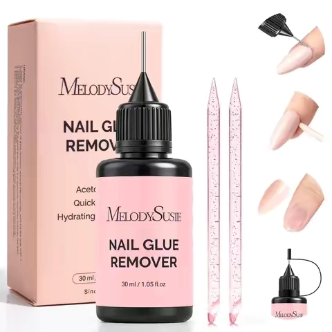 It quickly breaks down: ✅ Solid nail glue ✅ Semi-cured gel ✅ Quick-dry glue (both semi-solid and regular) ✅ Nail polish and jelly gel ✅ Rhinestone gel (takes a little longer, but it works!) 💡 One remover, multiple uses! 🛒 Shop the gel remover! #melodysusie #pressonnails #pressons #nailtools #nail 