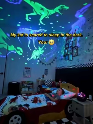My kid is scared to sleep in the dark.#Onefirenightlightforkids #SoothingLight #BedtimeRoutine #nightlightprojector #dinosaur 