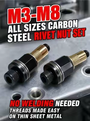 Fix stripped threads on thin metal blind spots.🛠️⚡ M3-M8 full rivet nut kit with extra nuts included.🚗 Strong permanent threads for cars, trucks & DIY projects. 🔥 Big discount + free US shipping, limited offer! #RivetNutKit #AutoRepair #CarDIY #TruckMods #MechanicTools    