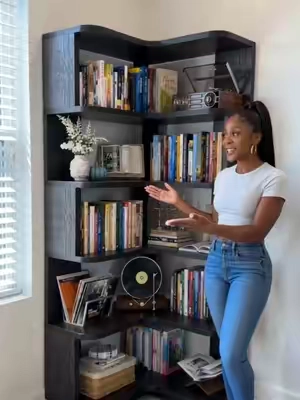 That awkward corner just became the best part of the room #bookcase #homedecor #roommakeover #organisation #tiktokmademebuyit #shelf #homefinds #organization 