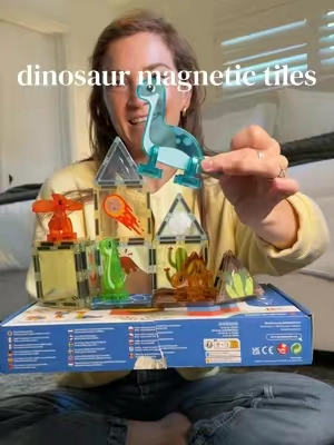 on major sale!! 👏 A magnetic tile set + dinosaurs = hours of imaginative play. 🦕 These themed tiles make building volcanoes, dinosaur habitats, and more so much fun! @Geomagworld #dinosaur #dinosaurtoys #magnetictiles #magneticblocks #toddlertoys 