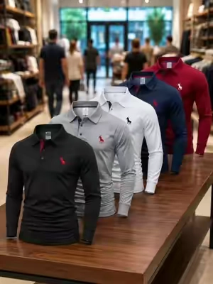 Polos clásicos para hombre de 5 piezas - Cuello en contraste de manga larga, color sólido casual, estampado de moda; elástico, secado rápido, alto rendimiento para golf, trabajo al aire libre; Tops de hombre. #5PCS #Mens #Classic #Polo #Shirts 