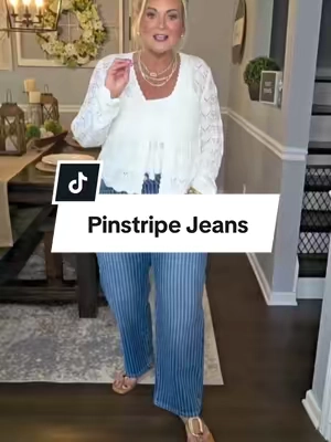 These pinstripe jeans can easily be dressed up for work!@Flamingals #jeans #midsizefashion #falloutfits #stretchyjeans #CapCut 