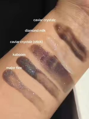 Fenty Beauty Midnight Collection 🌒 Caviar Crystalz and Kaboom Comparison Swatches 🖤🩶  Available at Fenty Beauty, Ulta Beauty and Sephora @Fenty Beauty @Ulta Beauty @sephora #caviarcrystalz #fentybeauty #lipgloss #lipbalm #fentybeautymidnightcollection 