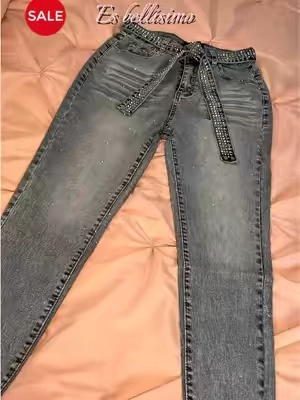 CHICME Women's Rhinestone Decor High Waist Zipper Fly Slim Fit Jeans with Rhinestone Decor Belt 