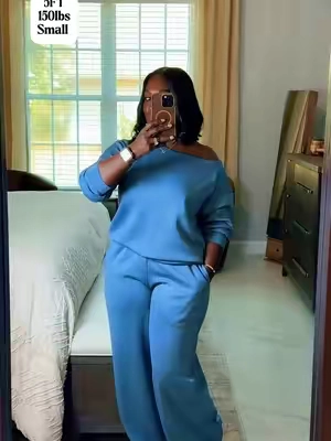 Leisure Solid Color Sloping Shoulder Long Sleeve Top & Wide Leg Trousers Co-ord Set & Separates, Minimalist Scoop Neck Loose Outfits, Casual Womenswear. #falldealsforyou #tiktokshopsummersale #summerfinds #summerwins #summeressentials 