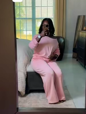 Leisure Solid Color Sloping Shoulder Long Sleeve Top & Wide Leg Trousers Co-ord Set & Separates, Minimalist Scoop Neck Loose Outfits, Casual Womenswear. #falldealsforyou #tiktokshopsummersale #summerfinds #summerwins #summeressentials 