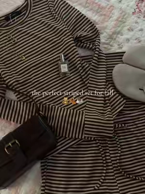 so excited 🧸🍂 . . . #fallfashion #october #whimsy #chic #falloutfits striped brown neutral matching set fall outfit inspo ideas comfy cozy