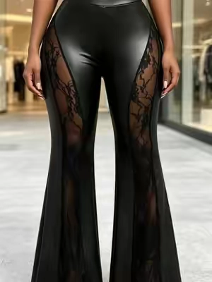 1 Asymmetric High Waisted Lace Sheer Panel Leather Flare Pants#flarepants #pants #OOTD #streetwear #tiktokshop 