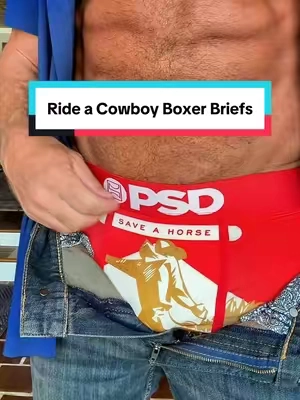 These PSD Men’s Ride a Cowboy boxer briefs bring the perfect mix of bold style, comfort, and support. The breathable stretch fabric, supportive fit, and eye-catching western design make them great for everyday wear, workouts, or showing off a little personality. #boxerbrief #saveahorserideacowboy #psd #cowboystyle #menswear 