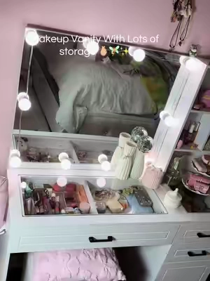 Makeup Vanity With Lots of storage 🫰🏼🧚‍♀️✨ #girlythings #giftforher #vanitydesk #vanity #vanitymirror 