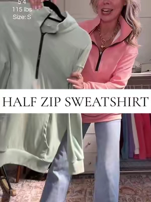 This lightweight half zip sweatshirt is butter soft and is the perfect sweatshirt to transition from summer to fall #halfzipsweatshirt #lightweightsweatshirt #fallsweatshirt #buttersoftfabric #sweatshirtseason 
