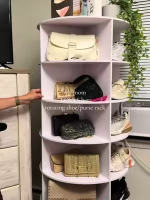 such a fun and cute organizer for shoes or purses!!! super easy to set up!!!! #dealsforyoudays #rotatingshoerack #organizer #shoerack #shelf 