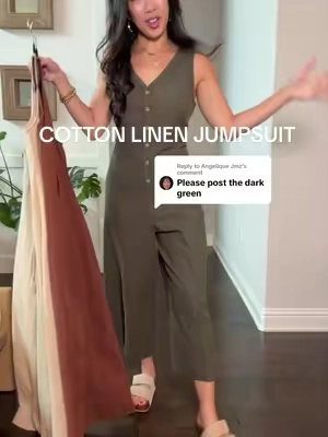 Replying to @Angelique Jmz Dark Green and a couple other colors! Comfy cotton linen jumpsuits with a tie back to cinch in the waistline - easy, effortless, and comfy 💚🤎🤍 #jumpsuit #jumpsuitstyle #widelegjumpsuit #cottonlinen #easyoutfits 