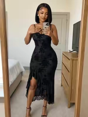 🔥Floral Print Mesh Dress Ruffle Hem High Slit Mermaid Cami Dress/Summer Dress Sexy Sleeveless Bodycon Party Dress#SohoChic #OOTD #DailyOutfit #dressgoals #partydress