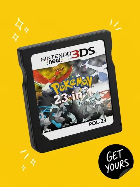 Stop swapping cartridges and start your ultimate Pokémon journey! This single cartridge packs 23 legendary titles for your Nintendo DS, 2DS, or 3DS. From HeartGold to Black 2, rediscover the classics and complete your collection in the most convenient way possible. It's time to become a Pokémon Master all over again! #Pokemon  #NintendoDS  #3DS  #RetroGaming  #PokemonCollection  #Gamer  #VideoGames  #23in1  #GottaCatchEmAll  #Nintendo