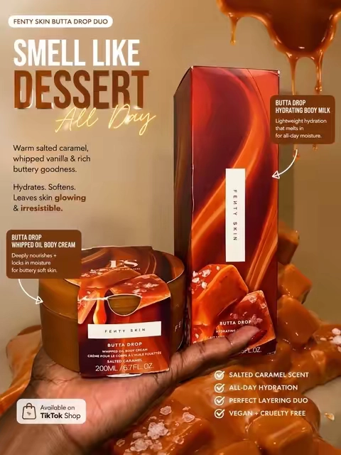 The layering combo that has me smelling like dessert all day. 🤎 Butta Drop Hydrating Body Milk 🍮 Butta Drop Whipped Oil Body Cream 10/10. No notes. @Fenty Skin #TikTokShopCosmetics #fentyskin #fentybuttadrop 