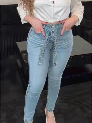 CHICME Women's Rhinestone Decor High Waist Zipper Fly Slim Fit Jeans with Rhinestone Decor Belt