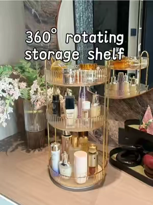 This rotating storage rack saves so much space in my bathroom.#tiktokshop #storage #shelf #rotating #makeup 