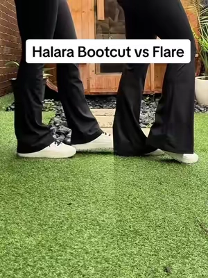 Replying to @Rxfit Maybe this side by side will help. The flares are slightly longer and wider at the bottom. Flare is more form fitting. @Halara #halara #bootcutleggings #flareleggings #yogapants #halaraleggings 