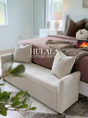 The most beautiful + functional storage bench that elevates any room ✨☁️ | @Hulala Home   #hulalahome #storagebench #bedroomstorage #falldealsforyou #cozyhome 