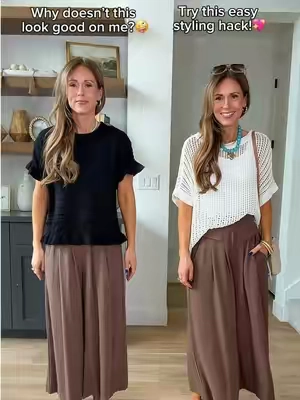 ✨Try this easy styling swap for linen pants! // Follow for more daily styling tips!  #styling #stylingtips #linenpants #outfitideas #beforeandafter 
