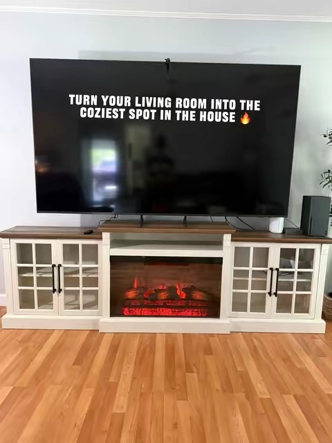 That’s our 80in tv on this tv stand 📺 tv stand, fireplace and storage! #fireplace #tvstand #amerlife #farmhousefurniture @amerlifeofficial @Amerlife 