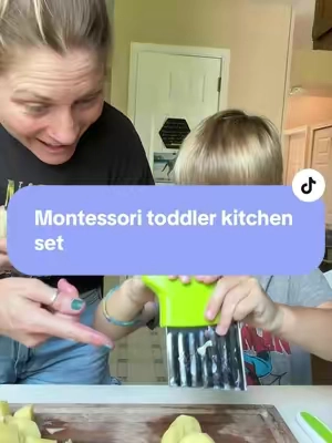 This toddler kitchen set is a great way to foster confidence while teaching your little ones cutting skills. Sure it may take a little longer to get dinner on the table but creating special memories is so worth it. #kidscuttingset #toddlerkitchenset #montessorimom #kidskitchenset 