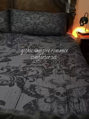 Gothic dark comforter set with shams. Lightweight and soft in different sizes #gothiccomforter #beddingset #comforterset #halloweenbedding #gothicdecor 