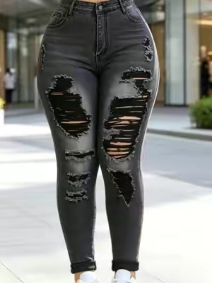 Women's Trendy Fashion Streetwear Ripped Denim Jeans#denimjeans #pants #streetwear #OOTD #tiktokshop 