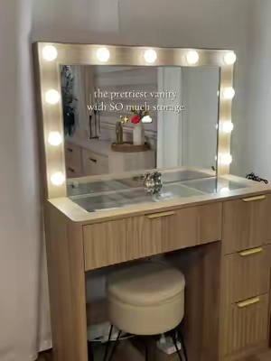 this vanity is a perfect option for small or big rooms since they have multiple sizes and colors and offer so much additional storage #vanity #vanitydesk #smallspaceliving #bedroomfinds #makeupvanity 