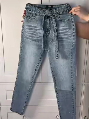 CHICME Women's Rhinestone Decor High Waist Zipper Fly Slim Fit Jeans with Rhinestone Decor Belt👌🏻