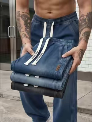 Vintage streetwear drawstring waist men's straight leg jeans#pants #jeansoutfit #jeans #mensfashion #elasticwaist 