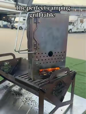 We needed something more sturdy than the plastic table we had been using for our grills. But we also needed something that would fit in our pass thru storage.  This folding grill table takes up hardly any space and has been one of the best additions to our campsite setup. We can get it setup in seconds and it holds up against all of our grills. #rvlife #camperlife #grillingseason #outdoorliving #grill 