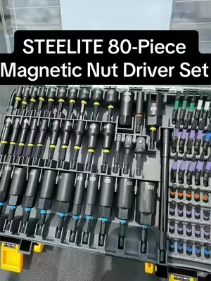 STEELITE 80-Piece Magnetic Nut Driver Set with deep and shallow SAE and metric nut drivers, impact-rated bits, strong magnets, and a storage case to keep everything organized. #tools #tooltok #DIY #garage #mechanic