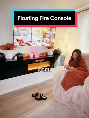 The vibes are vibing🔥🪵☁️🧸🍁 #floatingtvstand #electricfireplace #cozyhome #cozyhomedecor #homeimprovement @Amerlife @amerlifeofficial 