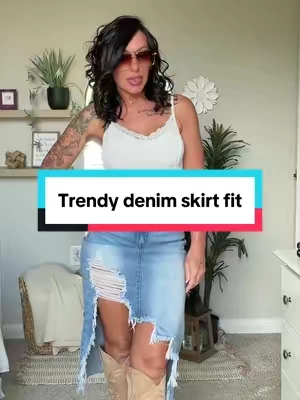 The outfit that made me fall in love with denim skirts all over again. 🤎 This asymmetrical skirt brings the perfect mix of western and trendy. Pair it with boots, a cropped tee, and a statement belt for an effortless look you’ll wear on repeat. Would you wear it with cowboy boots or sneakers? 👇 #denimskirts #jeanskirt #westernstyle #tiktokshopsummersale 